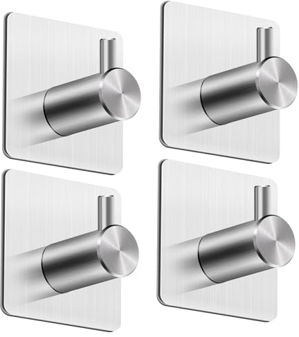 MACOLE Self Adhesive Wall Hooks, Heavy Duty 304 Stainless Steel, Brushed Silver Towel Hooks for Bathroom Kitchen & Bedroom, No-Drill 8kg Max Load, 3M PE Foam Sticky Hooks, 4 Pack