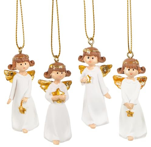 Logbuch-Verlag 4 Engel mit Schnur zum Aufhängen, Weiß, Gold, 5 cm, Weihnachtsengel, Polyresin mit goldenen Akzenten, Hängender Engel, Weihnachten