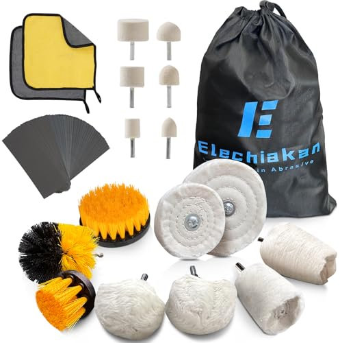 Elechiakan Car Polishing Pads for Drill, 58Pcs Upgraded Drill Polishing Kit with Storage Bag and Sandpaper, Buffing Wheel Pads for Metal, Aluminum, Chrome, Rims, Manifolds, Motorcycles and Headlights
