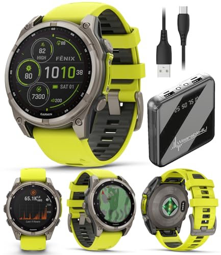 Wearable4U Garmin Fenix 8 – 47 mm, Solar, Multisport GPS Smartwatch, Sapphire, Titanium with Amp Yellow/Graphite Silicone, Built-in LED Flashlight, Voice Control Power Bank Bundle