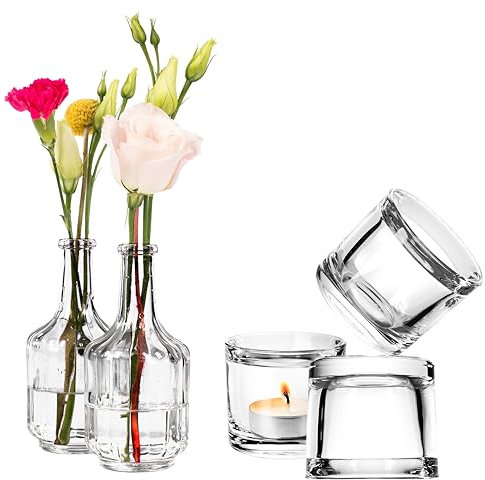 Giessle® 24 teiliges Tischdeko Set aus 12 kleinen Vasen und 12 Teelichtgläser, Glasvasen Tischvasen Blumenvasen Windlichter