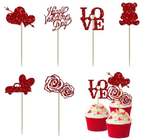 Glitter Herz Cupcake Topper, 48 Stück Happy Galentine's Day Kuchen Topper Rot Glitter Sweet Love Heart Valentinstag Kuchendekoration Happy Valentinstag Thema Rote Kuchendekorationen