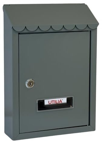 UTILIA Cassetta Postale Capri cm. 21x6x30 h, Porta Lettere in Lamiera Verniciata con Tetto, Feritoia Superiore Posteriore, Cassetta della Posta da Esterno con Serratura a Cilindro, 2 Chiavi (Grigio)