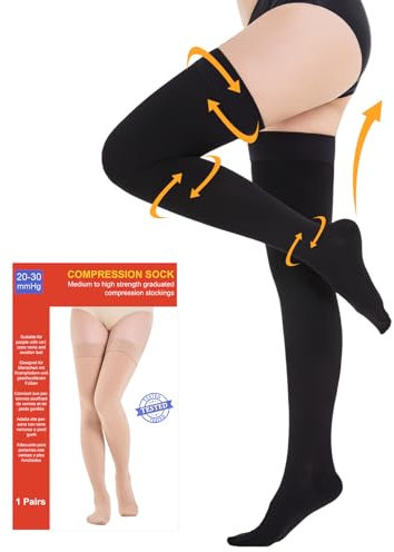 20-30 mmHg Medizinische Kompressionsstrümpfe Damen & Herren Klasse 2, Geschlossene Zehe Lang Stützstrümpfe Thrombosestrümpfe mit Silikonband für Krampfadern Ödeme Flug (Schwarz, XL)