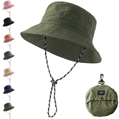 YOUYIKE Fischerhut Damen – Wasserdichter, UV-schutzender, Faltbarer Regenhut für Angeln, Wandern und Strand Breitkrempiger Fischerhüte für Damen,Sonnenhut Faltbar（Armeegrün）