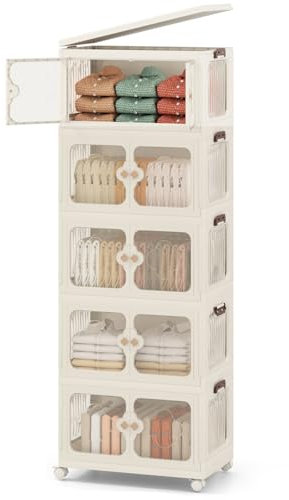 COSTWAY Aufbewahrungsbox mit Deckel 265 L, 5er Set Stapelboxen faltbar, Aufbewahrungsbehälter mit Rollen & transparenten Türen, Kunststoffbox Ordnungsboxen durchsichtig, Weiß