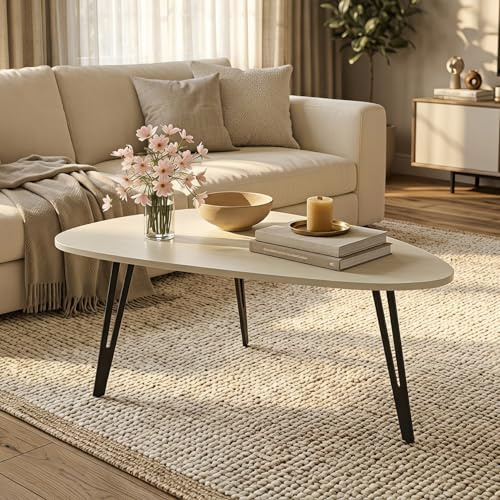 Manora Couchtisch Oval,Wohnzimmertisch Weiss,Beistelltisch Couch,Einfacher Aufbau,Metall, Moderner Stil (Weiß)