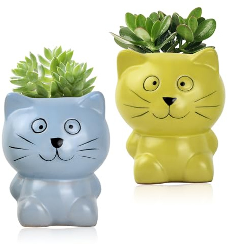 Culinavog 2 Pcs Succulent Plant Pots, Ceramic Small Succulent Pots, Cat Shape Cute Succulent Planter, Tiny Cactus Flower Plant Containers, Cute Flower Pots for Home Office Decoration