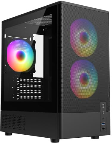 CiT F3 Black Gaming PC Case – Micro-ATX Computer Case with Mesh Front & Tempered Glass Side Panels - 3 x 120mm ARGB Fans Included - AIO Support - USB 3.0, USB 2.0 - HD Audio/Mic