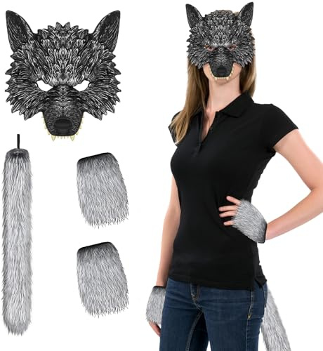 nezababy Wolfsmaske Wolf Maske Mit Therian Tail und Handschuhen Tiermasken Wolf KostüM Werewolf Costume Halloween KarnevalkostüM