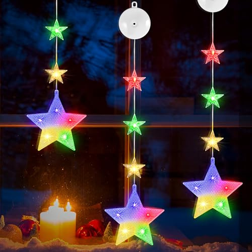 DazSpirit 3 Stück Weihnachtsbeleuchtung Fenster, 8 Modi & Auto Timer (Bunt) | Fensterbeleuchtung Weihnachten mit Saugnäpfe, Batteriebetrieben, Weihnachtsdeko Lichterdeko für Fenster, Balkon, Party