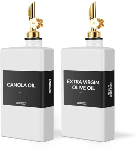 Skleptix 2pack Square Glass Oil Dispenser,White Kitchen Olive Oil Bottle with Plum-Shaped Auto-Open Pourer, Oil and Vinegar Dispenser Set with Silicone Funnel&40 Waterproof Labels(350ml/11.8 oz)