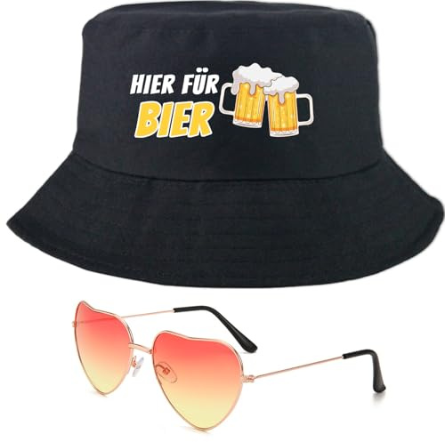 Snyvpra Festival Zubehör Set - Hier Für Bier Fischerhut Damen & Herren Mit Herz Sonnenbrille - Anglerhut Für Festival Outfit Damen, Malle Outfit Damen, Mallorca Party Outfit, Malle Accessoires