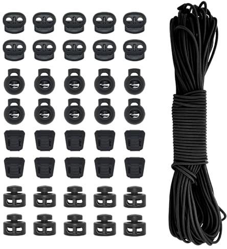 LE-stone 40Pcs 4 Styles Plastic Cord Locks with 20m Elastic Cord Black Single Hole and Double Hole Drawstring Stoppers for Backpacks Coats Trousers Shoelaces Hats Sleeping Bags