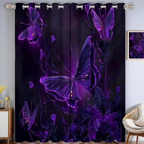 GDJSMIN Cortina con Mariposa Morada Brillante, Opaca diseño Estilo De Arte Fantástico, Ligera eficiencia energética, Sala de Estar y Dormitorio,140An x 245Al cm,Morado Oscuro