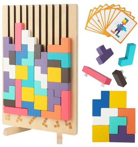 BUCOMTU Rompecabezas 3D de Madera Tetris, Rompecabezas niños, Juegos Montessori 3 4 5 6 Años, Juego Tetris Madera, Inteligencia Jigsaw, Cerebro Juguete, Regalos para Niños