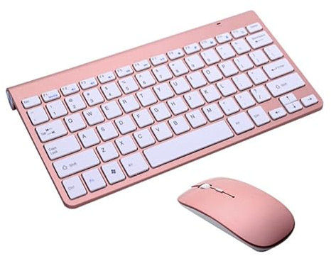 Hemobllo Kit Teclado y Ratón Inalámbrico Ultra Fino (Oro Rosa) - Disposición EEUU (US QWERTY), Combo de Teclado Silencioso y Mouse Portátil para PC, Laptop y Oficina, Diseño Elegante y Ergonómico