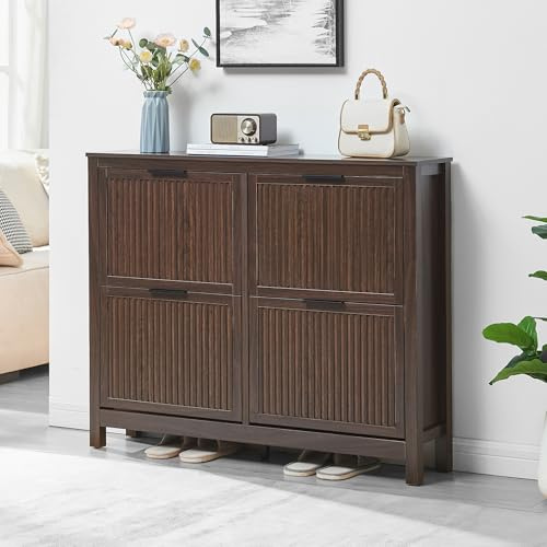 VIPLUMI 4 Flip Drawers Shoe Cabinet Storage for Entryway, Narrow Hidden Shoes Cabinet Organizer Front Door Entrance Thin Free Standing Front Door Shoe Rack Storage for Entryway(Brown)