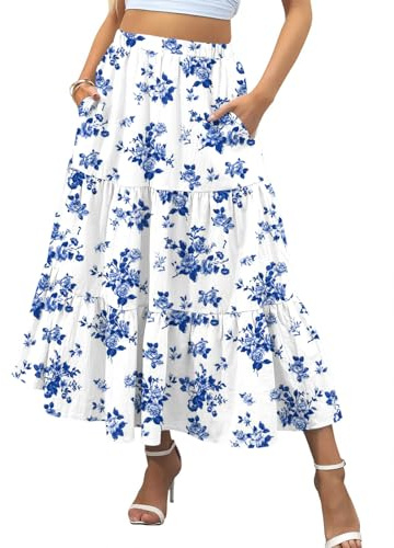 Zeagoo Women's Skirts Elegant Maxi Skirt High Waist Long Skirts Midi Boho Skirts A Line Swing Elastic Skirt with Pockets White XL