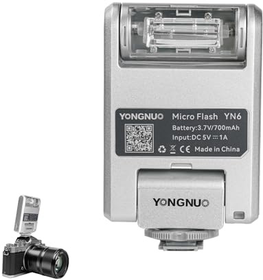 KAKAKE YN6 Mini Flash Manuel Standard pour A7 A6400 A6500 A6300 A6000, 4 Niveaux de Sortie, Rotation à 105°, éclairage de Photographie pour Artistes Créatifs (Argent)