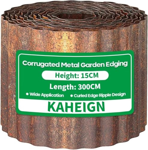 KAHEIGN Metal Garden Edging, 15CM x 300CM Corrugated Landscape Edging Border Steel Lawn Edge Fence for Garden Border, Flower Bed, Yard Pathway and DIY Landscaping (Rusted)