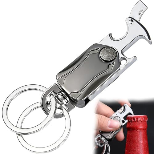 Wcawnlt Porte Clef Multifonction, Porte Clé Décapsuleur avec Mini Lame et Fonction Rotative Anti-Stress, Alliage de Zinc Argent Noir, Accessoire Pratique pour Homme au Quotidien