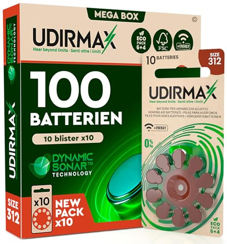 100 Batterie per Apparecchi Acustici Misura 312 Udirmax Pile PR41 Marroni Eco Pack Qualità Audio Costante Dynamic Sonar Zinco-Aria - 10 Blister Ecologici da 10 Pile