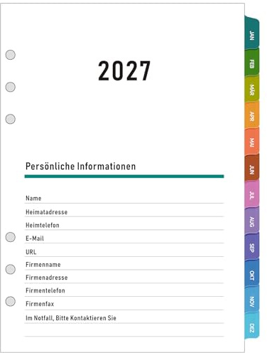 2027 Wochenplaner Einlagen A5 6 Löcher, Deutsch, 1 Woche auf 2 Seiten, mit farbigen Tabs, Januar–Dezember 2027, 100 g/m² dickes Papier, Kalendereinlagen für A5 Ringbuch Planer