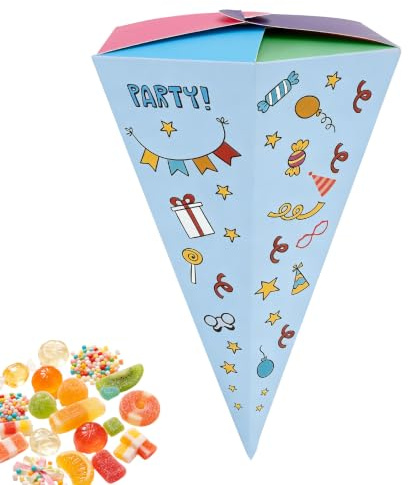 Leislam Pack of 10 School Cones, Large Format Sugar Cone, Printed Gift Bag, Party Decorative Bag, Blue with Motif, Height 30 cm, Diameter 16 cm for First Day of School and First Day of School