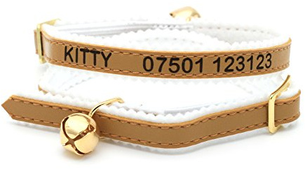 Personalisiertes Katzenhalsband mit Glöckchen (Gold) ~ mit Wunschgravur | Laser-gravierte Katzenmarke, Individuell gestaltet mit Wunschtext oder Name ~ aus weichem gepolstertem PU-Leder