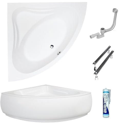 ECOLAM Badewanne Mia 120x120 cm Schürze | Wanne mit Sitz | Acrylwanne Eckwanne Modern Design Eckbadewanne + Ablaufgarnitur Ab- Überlauf Automatik Füße Silikon Komplett-Set Acryl weiß