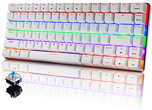 Tastiera Meccanica da Computer Gaming, USB Cablata 82 Tasti Anti-Ghosting Blue Switch Tastiera Gioco Arcobaleno Multicolore Illuminata Backlit, Mechanical Keyboard Compatta Ergonomica Bianco
