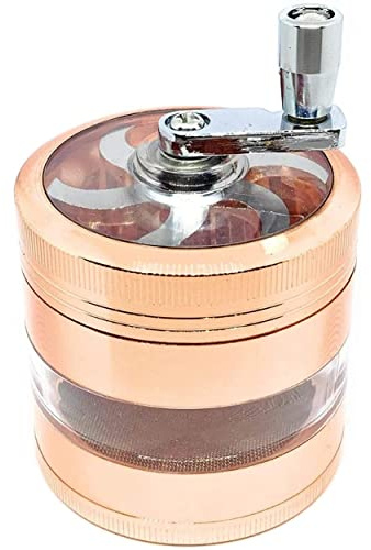 GRINDER manivelle à poignée manuel 4 parties 63 mm de diamètre en métal zinc avec une partie transparente fenêtre transparent très original moulinette moulin à épices (Bleu)