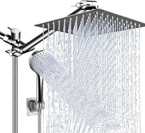 Combo de cabezal de ducha, cabezal de ducha de lluvia de alta presión de 10 pulgadas con brazo de extensión ajustable de 11 pulgadas y 5 ajustes de mano, potente rociador de ducha contra agua de baja