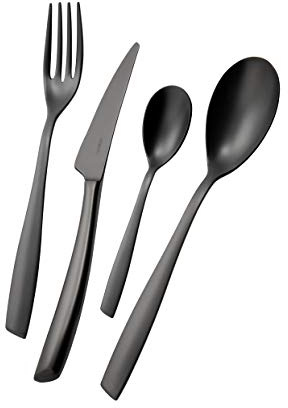 BUGATTI, Riviera, Ensemble de 4 Couverts en Acier Inoxydable 18/10, revêtement PVD Black Diamond satiné, Ensemble pour 1 Personne composé de 1 cuillère, 1 Fourchette, 1 Couteau et 1 cuillère à café