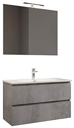 MaMa Store Atena Mobile sospeso con lavabo, Specchio e Lampada LED, Laminato Grigio Cemento L. 101 X P. 47 X H. 53 cm