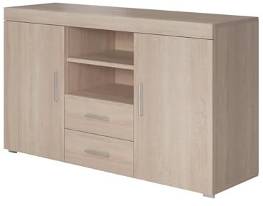 MB Muebles Bonitos | Modernes Sideboard Wohnzimmer oder Esszimmer | Breite 140 x Höhe 80 x Tiefe 40 cm | Mattes Sonoma Finish | 2 Türen | 2 Schubladen | TV-Möbel | Modell Roque