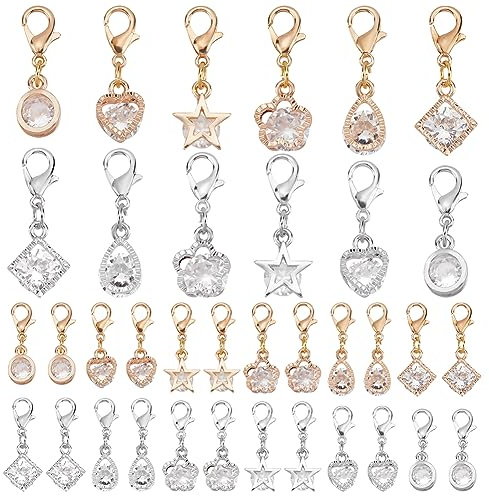 PH PandaHall 6 designer kubisk zirkon hänge med hummerlås, 48 st legering strass berlock stjärna hjärta för nyckelring halsband örhänge smycken, guld/platina, metall kubisk zirkonia