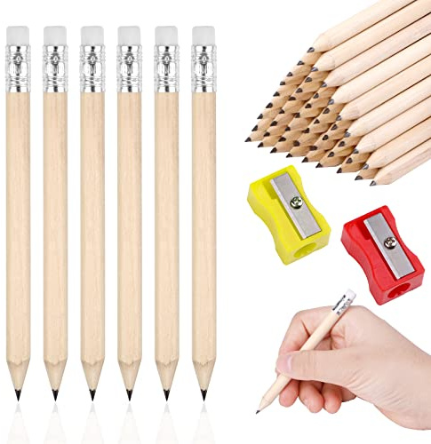 Wooden Mini Half Pencils, 50pcs, 10cm Long, Pre-sharpened with Rubbers | Golf Pencils for Kids Writing & Drawing