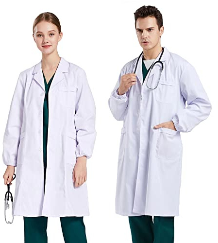 CoatCool Laborkittel Weiß, Baumwolle Arztkittel Herren Damen Chemie Kittel Schule Mantel Hygiene Langarm Medizin Arztmantel Weißer Kittel Baumwollkittel mit Tasche für Labor, Cosplay, Studentin, S