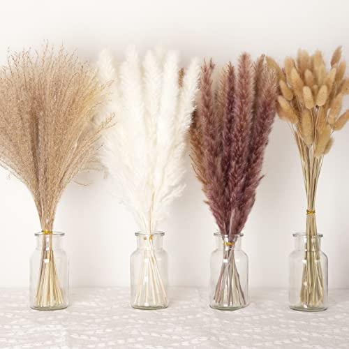 Dried Pampas Grass Decor - 100PCS Natural Boho Wedding Flowers with Bunny Tails & Reed Grass, Rustic Farmhouse Home Table Decor for Centerpieces, Bridal Bouquets, Party, or Wall Arrangements