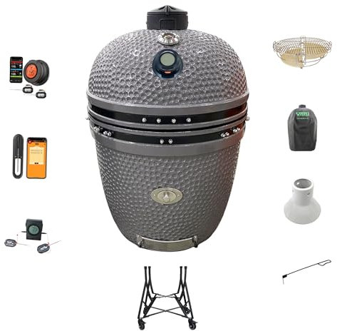 YNNI 69,6 cm GRIGIO XXL Chip Feeder Kamado Bundle Forno BBQ Grill Extra inc Trolley TQTT27GY