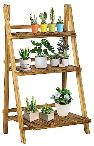 Outsunny Étagère à fleurs support plantes intérieur supports de pots porte plante 3 niveaux pliable bois de sapin 60 x 37 x 93 cm charge max. 50 kg pour intérieur, cour, terrasse, balcon