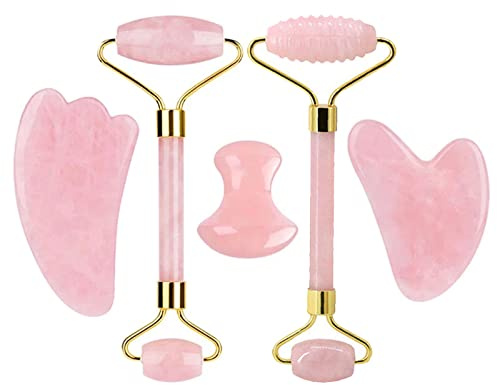 Rosenquarz-Gesichtsroller Und Gua Sha-Set Natürlicher Jade-Gouache-Schaber Gua Sha-Massage-Quarz-Roller Gesichtslifting-Massagewerkzeug,typ 7