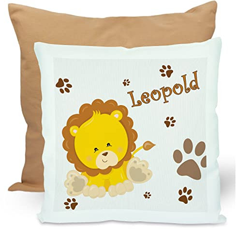 CreaDesign, Kinder Kissen 40x40 cm personalisiert mit Namen, Kinderzimmer Deko Kissen Kinder mit Füllung Federn, Motiv Löwe, Rückenfarbe Beige