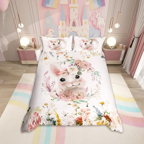 Housse de Couette Lapin pour Enfants 200x200,Ensembles de Literie À Fleurs Roses pour Filles Femmes Housse Couette Lapin Mignon,Couvre-Lit À Fleurs Colorées Parure de Lit Charmant Animal de Ferme