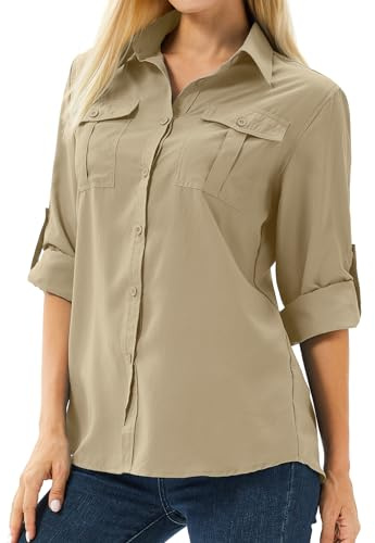 Camicia da donna UPF 50+ UV Camicia Protezione solare Safari Abbigliamento Escursionismo Camicetta da donna Manica lunga Traspirante Outdoor Cool Quick Dry Sport Top, cachi, L