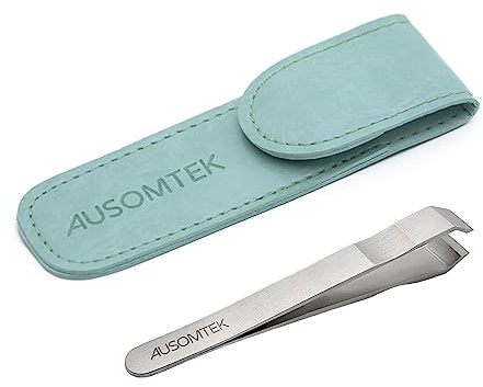 AUSOMTEK Beard & Hair Plucking Tweezers, Fine Eyebrow Tool, Stainless Steel, 10mm Tip, Anti-Slip Slot Design, Cyan PU Case