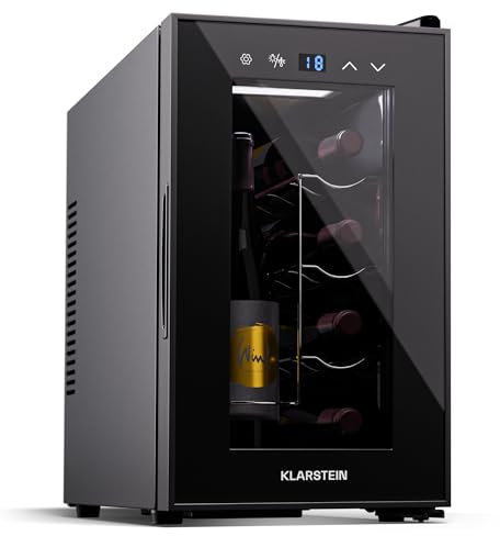 Klarstein Cantinetta Vino Refrigerata a Zona Singola per Interno/Esterni, Frigo Bar, Cantina Vino con Porta in Vetro, Mini Frigo Silenzioso, Frigorifero Piccolo Touch Control, 5-18°C, 8 Bottiglie