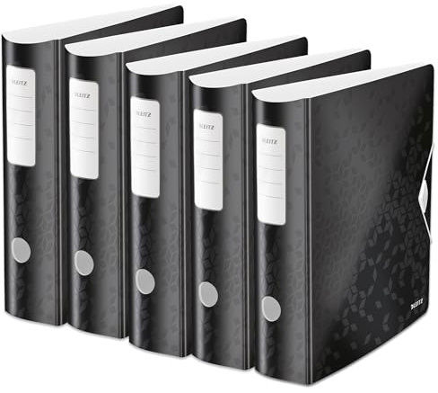 Leitz Qualitäts-Ordner 180° Active WOW, 5er Pack, A4, Breit, Abgerundeter Rücken, 8,2 cm breit, Gummibandverschluss, Leichtes Polyfoam, Plastik-Ordner, WOW Serie, Schwarz, 11060095